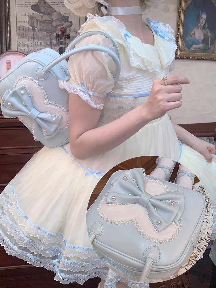 Heart Lolita Sweet Hand Plush Decorated Bowknot Blue Beaded Bag