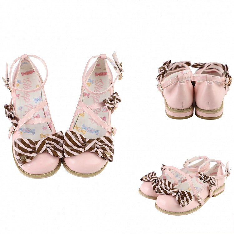 bei Bow Lolita Top Herz Schnallen Schuhe PinkBrown Muster Crisscross Design Gestreift