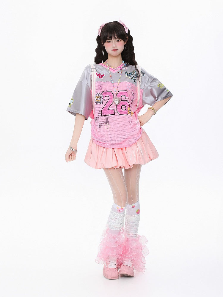 Breathable Satin Jersey T-Shirt with Contrast Collar and Number Print Pink/Green