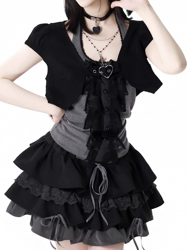 Skirt Cropped Top+Halter Neck Top+Tiered Sleeves Y2K Black and Gray Three Pieces Set - Short
