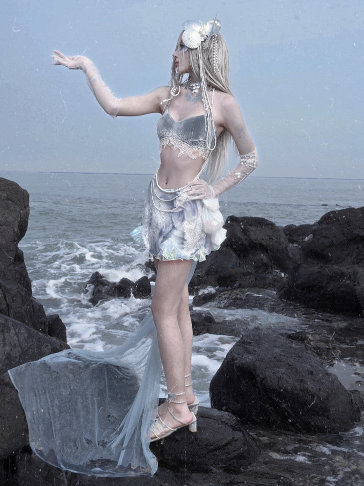 Detachable Train Fairy Bead Tulle Details and with Goth Skirt Sequin
