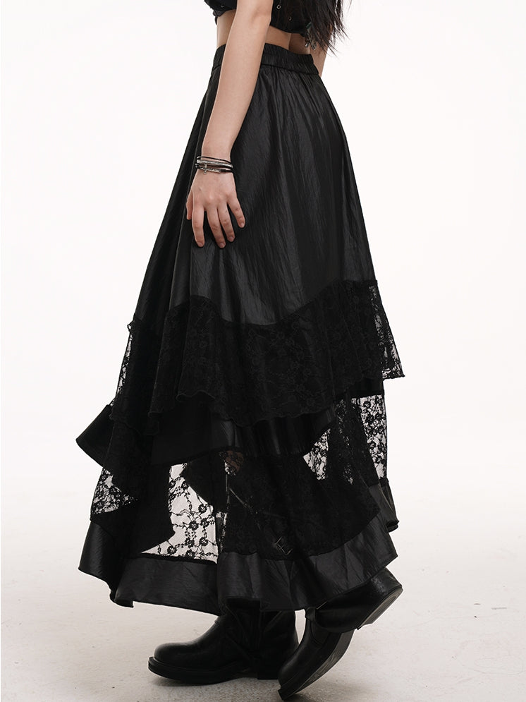 Saum Spitzenpatches Rock Schwarz Elastische Taille Asymmetrisch