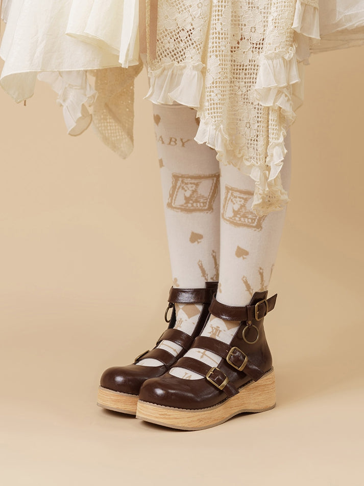 - Sole Buckle cm Ankle 3–5 Grain 3 Brown Wood Boots Straps Wedge Platform Vintage