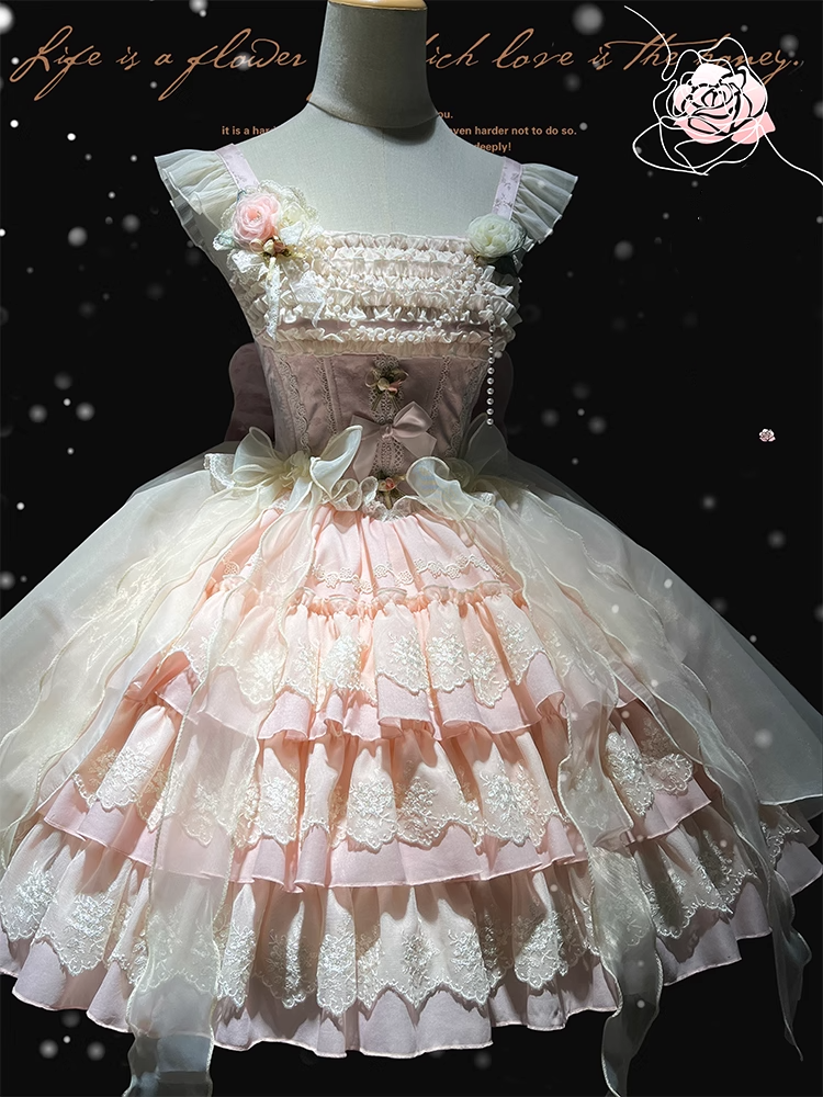 Fabric Jacquard Skirt Tiered Lolita Dress Jumper Balletcore Sweet Rosette Pink Accents