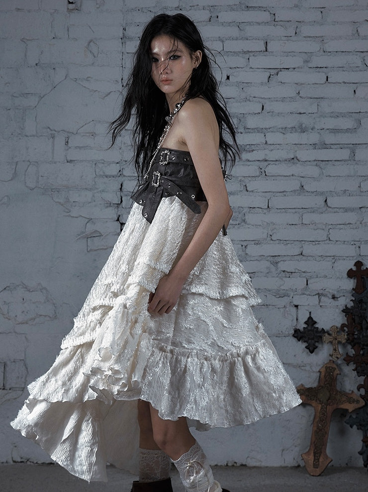 Star Wasteland White Punk Waistline Skirt Flounce PU Asymmetrical Studs Hem