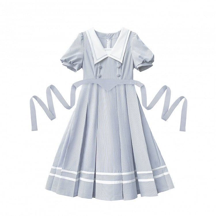 Weiß Gestreiften und Kleid Sommer Ärmeln Taille Puff Blau Gürtel mit