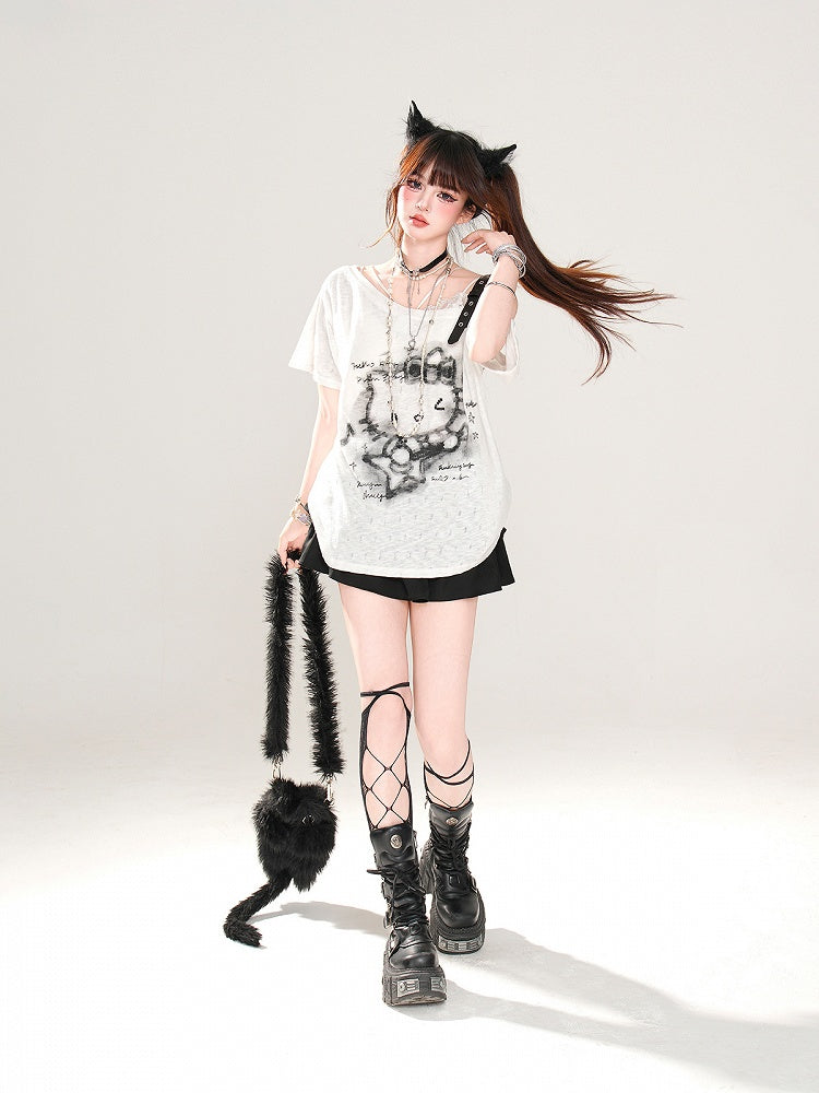 Semi-sheer Asymmetrical Neckline Buckle Strap T-Shirt Kitty Print Black/White/Gray