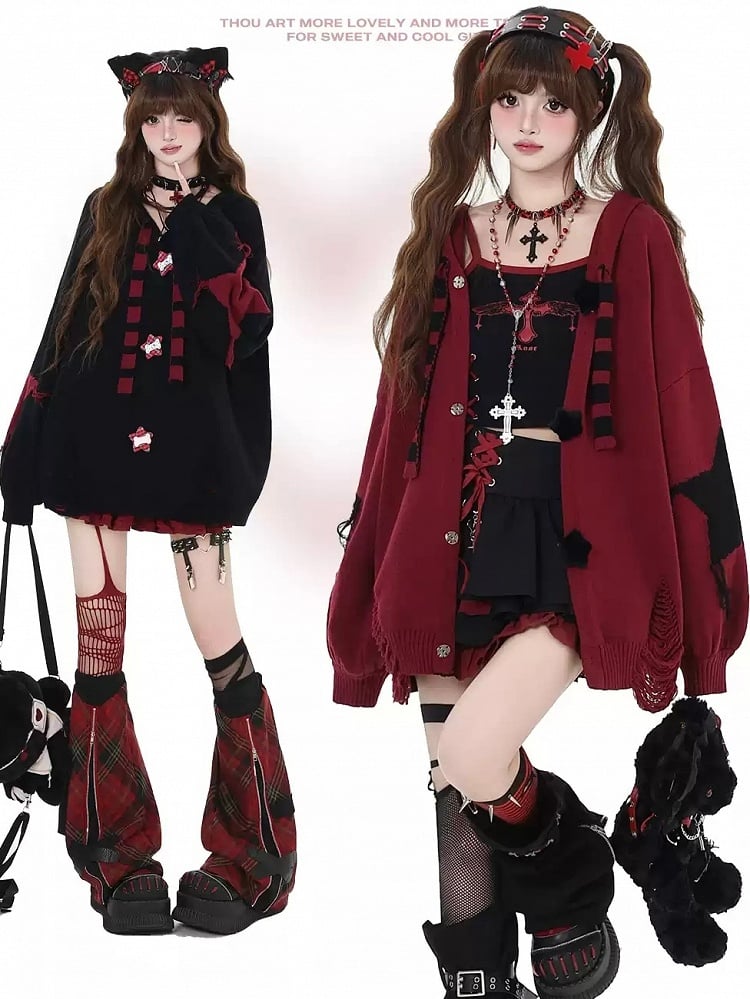Y2K Schwarz gestreifte Strickjacke mit Hasenohren und Kapuze und V-Ausschnitt