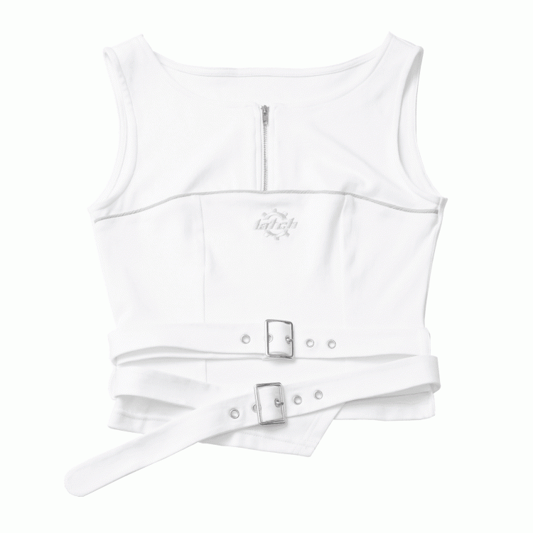 Weißes Techwear-Tanktop mit Reißverschlussausschnitt und Schnallenträgern