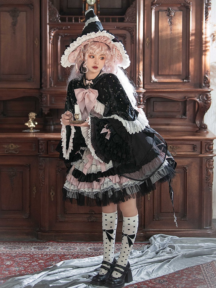 Black and Pink High Waist Sweet Witchy Dress Lolita Jumper Skirt Full Set