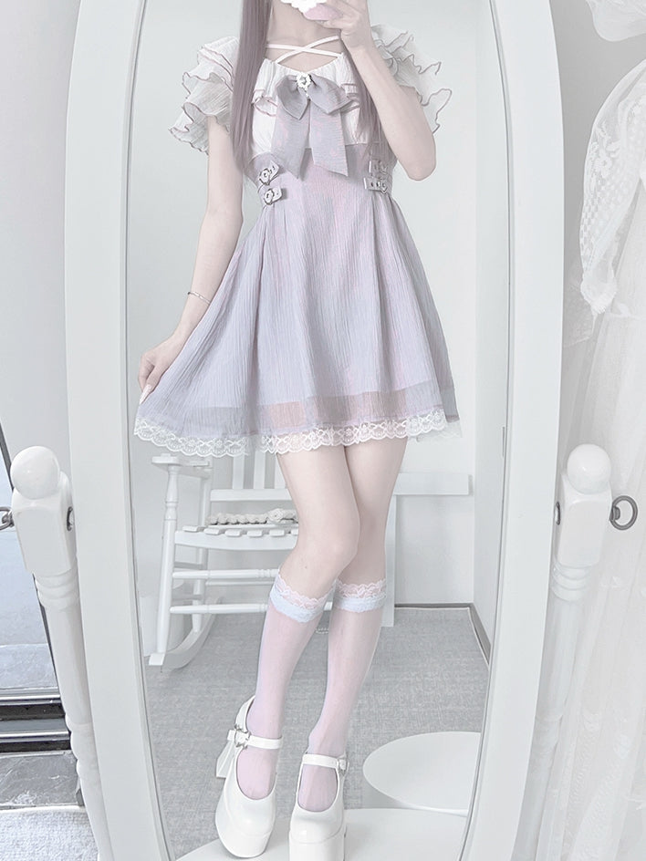 Dress with Flounce Waist Jirai Buckles Bowtie Hem Heart Version Neckline Tiered Lavender Short Kei