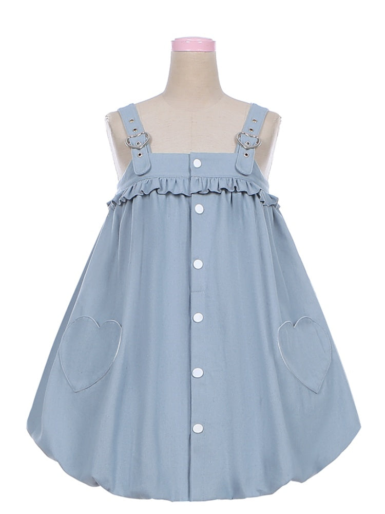 Blauer Ballonrock-Overall mit Herzschnalle und Tasche und Hasenschwanz-Detail
