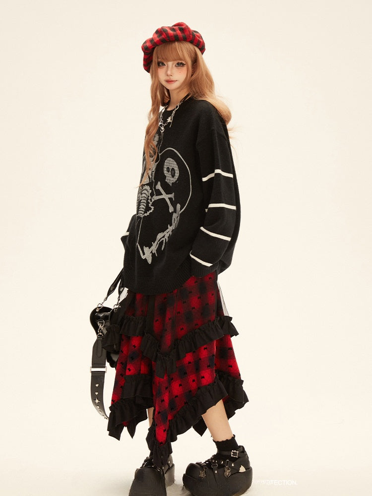 Red Plaid Pattern Asymmetrical Ruffled Hem Skirt Y2K