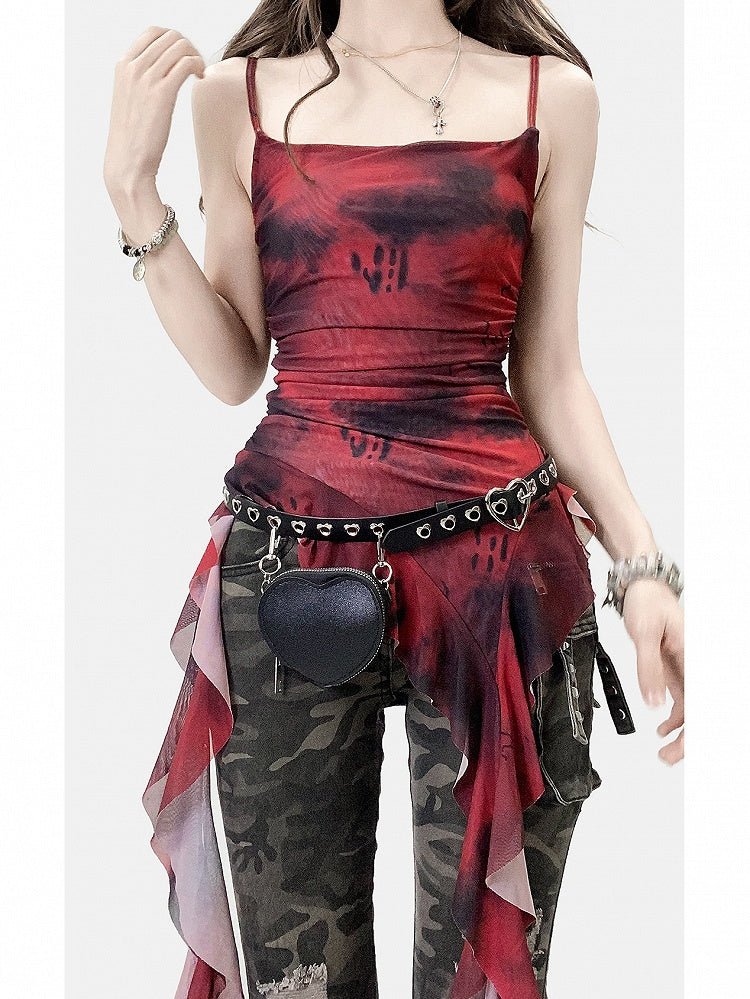 Wine Cascading Red Ruffle Hem Dye Tie Cami Design Top Asymmetrical Accents