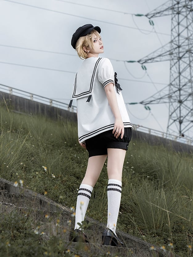Shorts Sleeves Short Black and Sailor White Collar Shirt