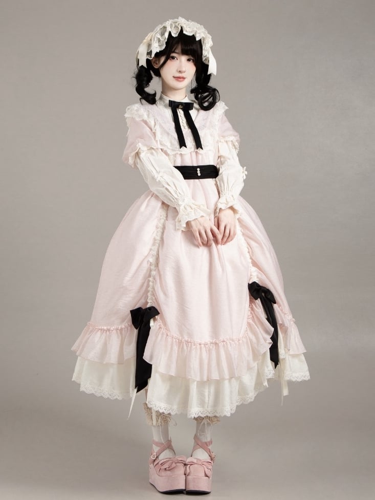 Loose Drawstring Pink Sleeves Lolita Rosette Embroidery Short Details Dress with