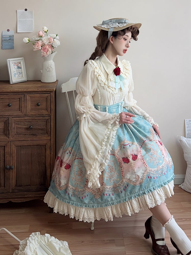 Blauer eleganter Lolita-Rock mit Korsettgürtel und hoher Taille und Blumen- und Mond-Print