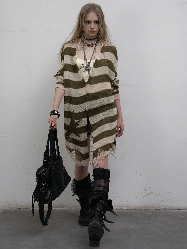 Pattern Striped Punk Cardigan Wasteland Green