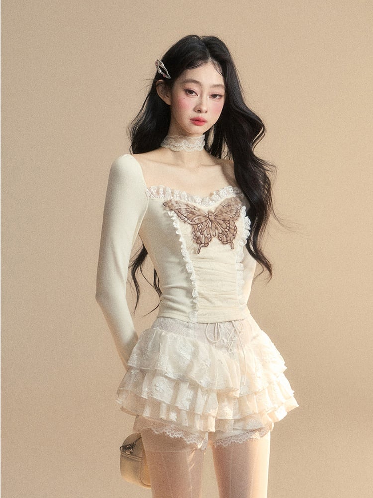 Apricot Lace Butterfly Embroidered Plush Cuff Glamorous Top Knitted Trim