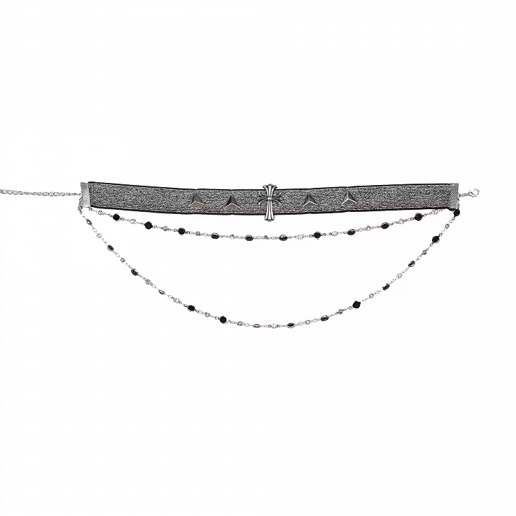 Cyberpunk Cross Choker with Beaded Chains Y3K Silver Fashion