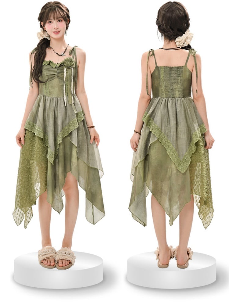Self-tie Straps Mori Kei Cami with Dress Shoulder Green Handkerchief Hem