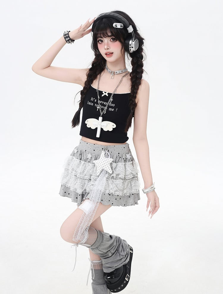 Skirt Gray/Black Elastic Waist Star Appliques Lace Trim Tiered Knit Light