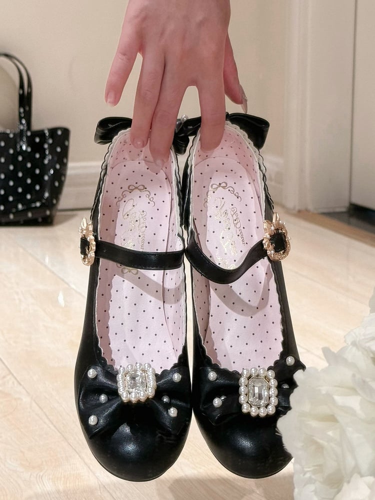 Janes und runde Lolita-Schuhe mit schwarzer Spitze und Perlendetails und Strassverzierung, Mary-Schleife