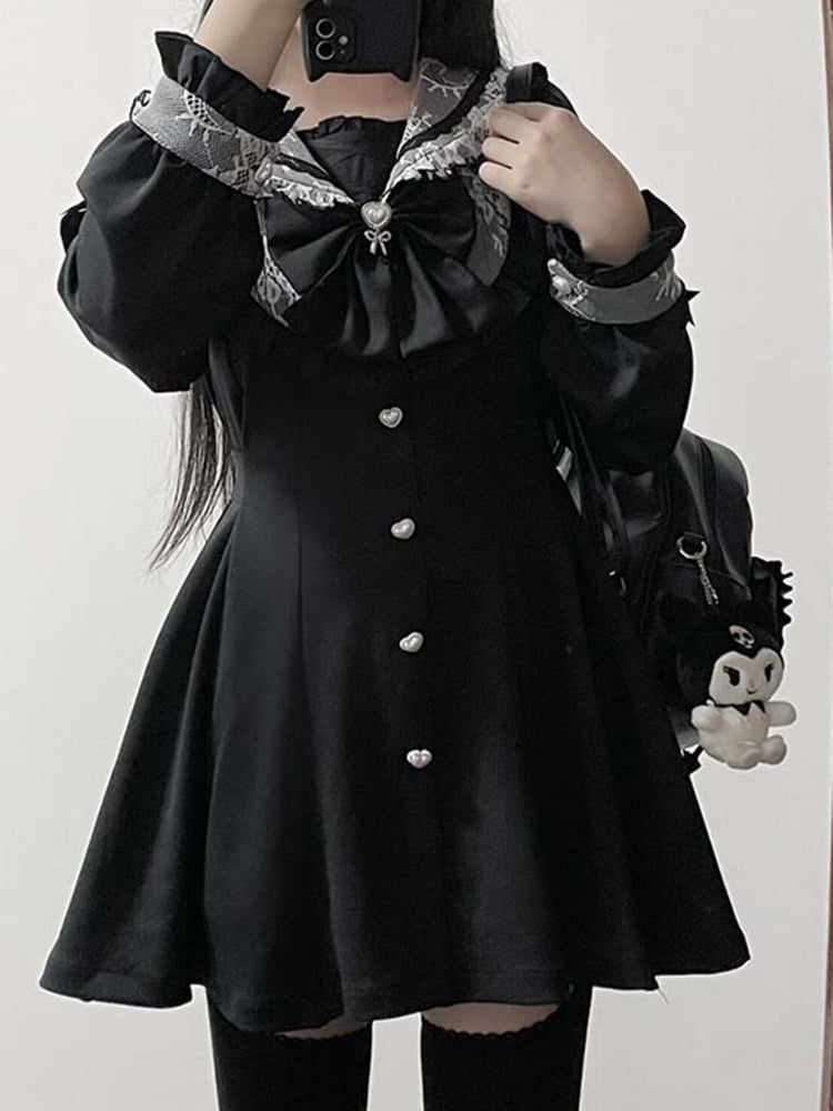 ブラックホワイト ジライケイ セットセーラーカラー スイートハートボタン留めトップス