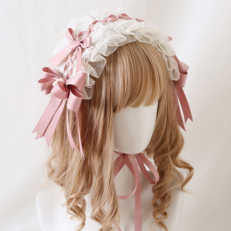Pink Hairband Off-White With Bows Elegant Lace