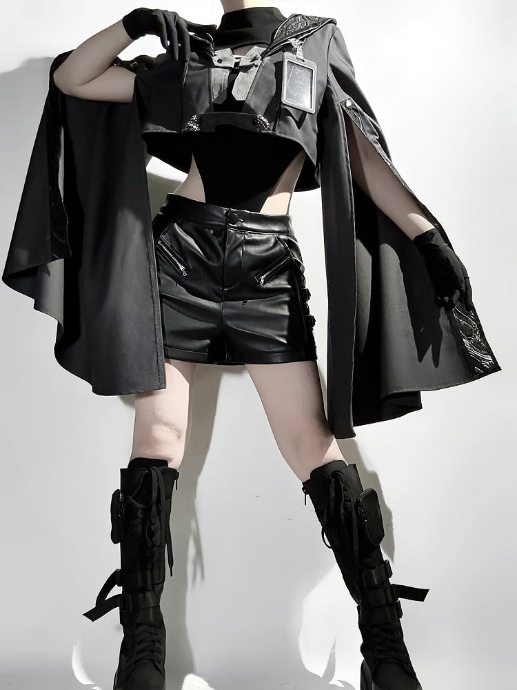 Sleeves XL Overlong Ouji Bodysuit Size Leather Exclusive + Futuristic Shorts Outfit Techwear Black Jacket Cropped Lolita -