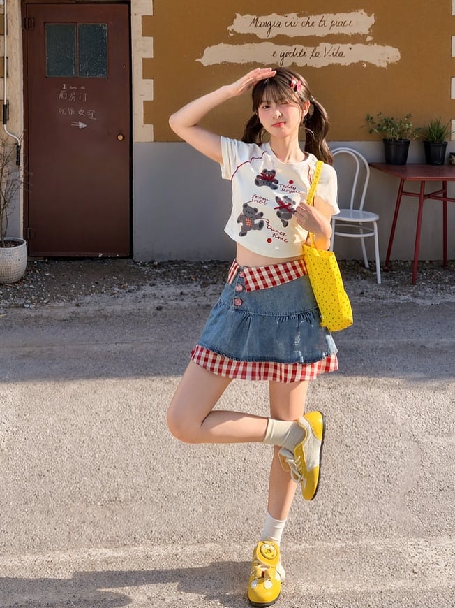 Two-pieces Tiered Denim Skirt Red Plaid Hem Blue High Waist Faux