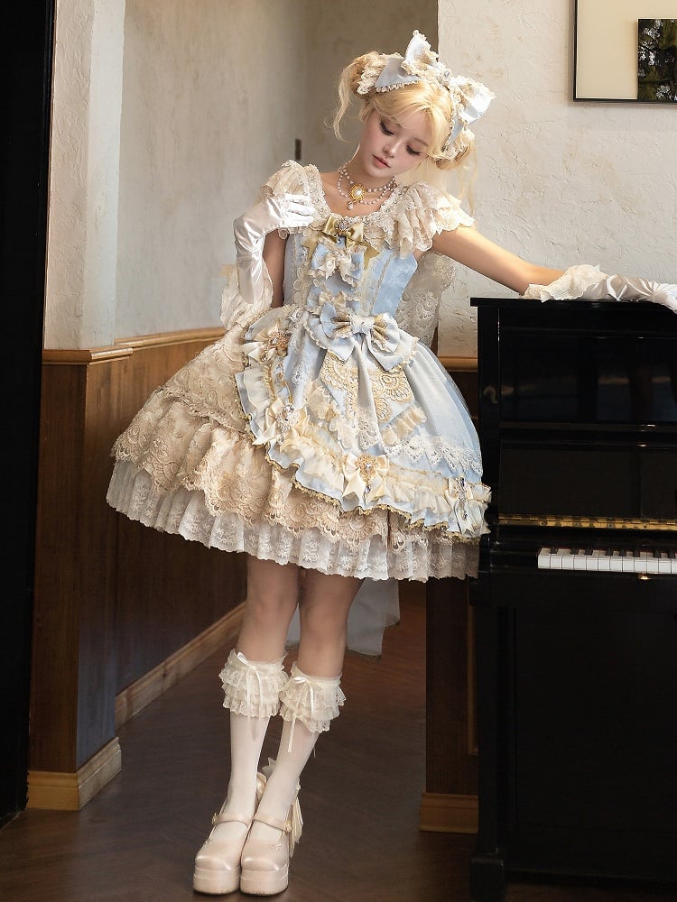 Jumper Blue Princess Bow Full and Skirt Accents Lolita Bead Jacquard Dress Set