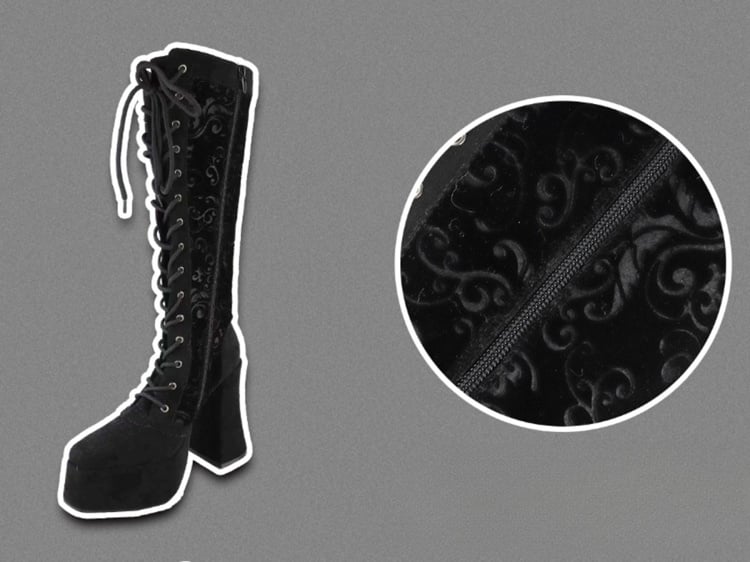 Schwarze Gothic-Stiefel aus Samt mit Schnürung vorne und hohem Blockabsatz, kniehohe Plateaustiefel