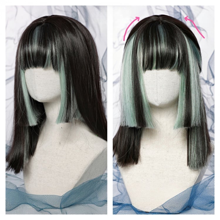 Y2K ブラック ミントグリーン ハイライト ストレート 姫カット 合成ウィッグ