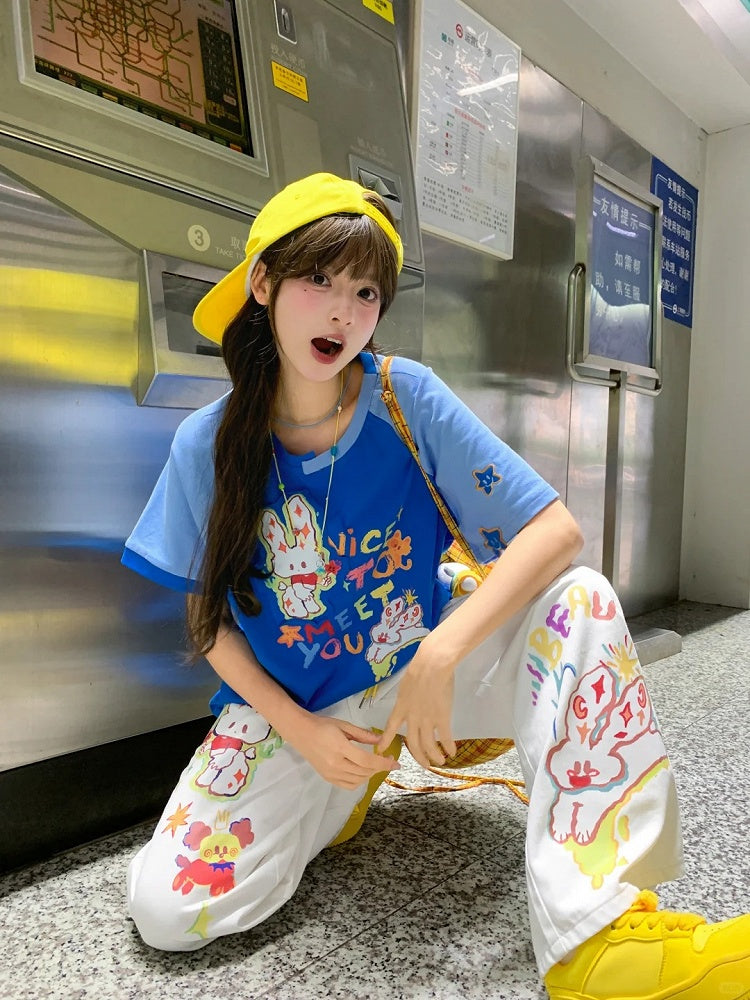 White Low Cartoon Bunny Print Waist Wide-leg Jeans