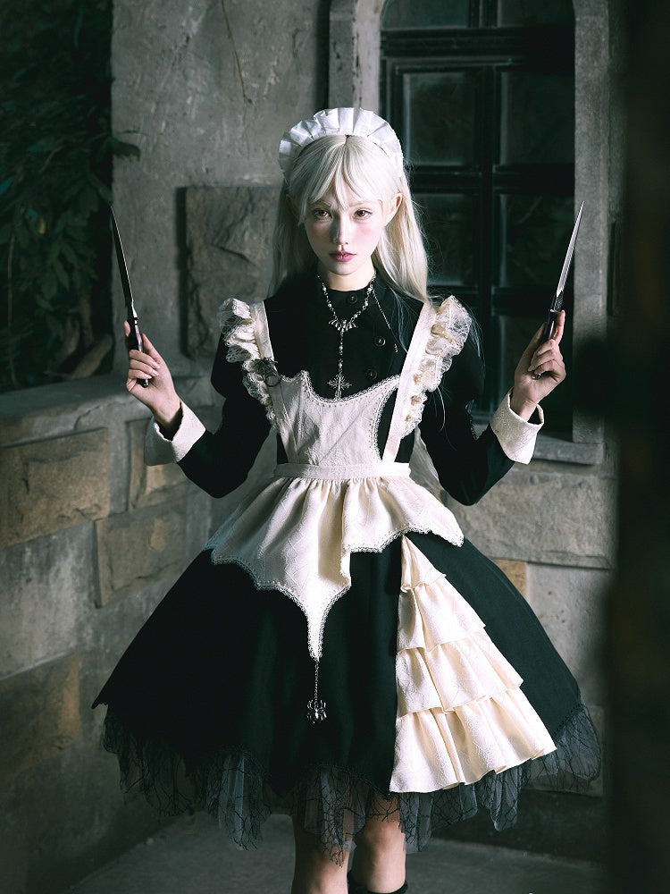 Schwarzes Lolita-Kleid mit geschwungenem Spinnennetz-Saum und beiger Schürze
