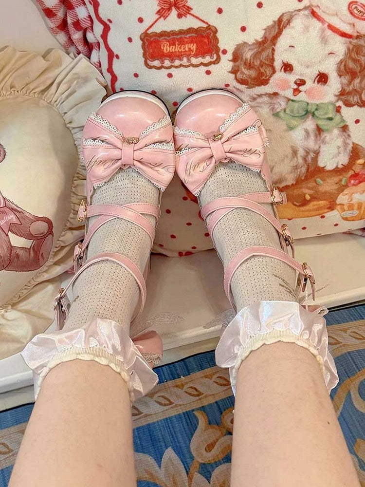 Block Bow Crisscross High Heels Buckles at Detachable Heart Design Pink Top
