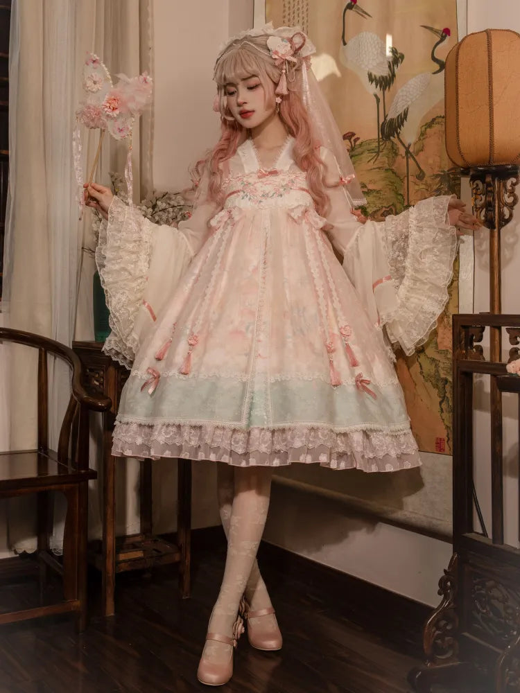 Peach and Peach Blossom Print Pink Empire Waist Han Lolita Dress