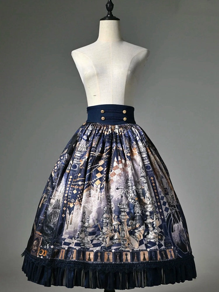 Chess Theme Blue Belt Waist Skirt Corset Print Dark Lolita