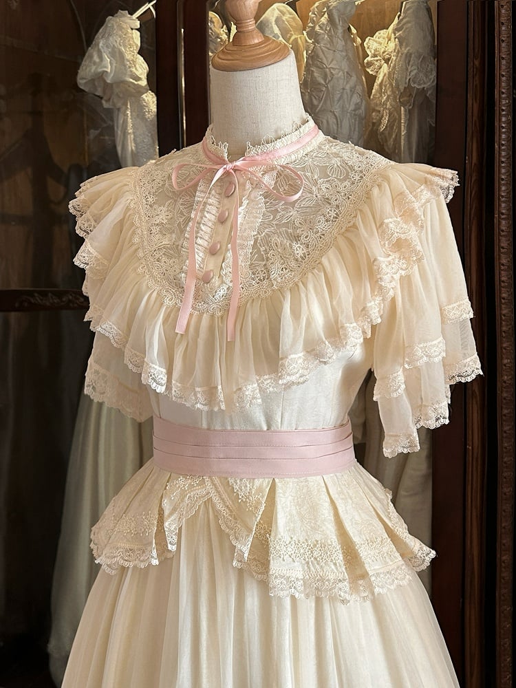 Pink Illusion with Edward Neckline Dress Waist Belt Classic Lolita Elegant Beige