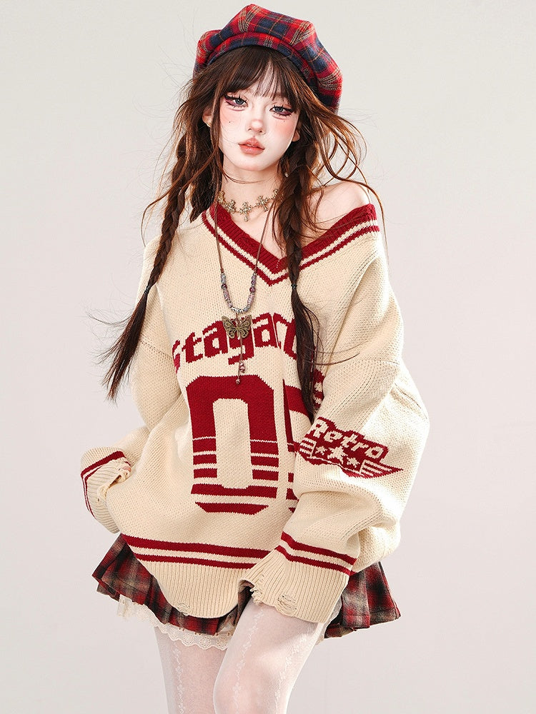 Apricot Numbers Preppy Style V-Ausschnitt Lockerer Pullover