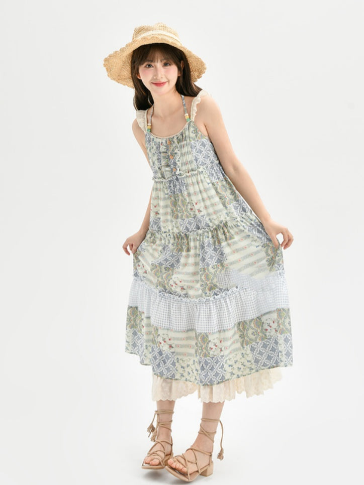 Mori Kei Green Halter Neck Patchwork Design Floral Dress