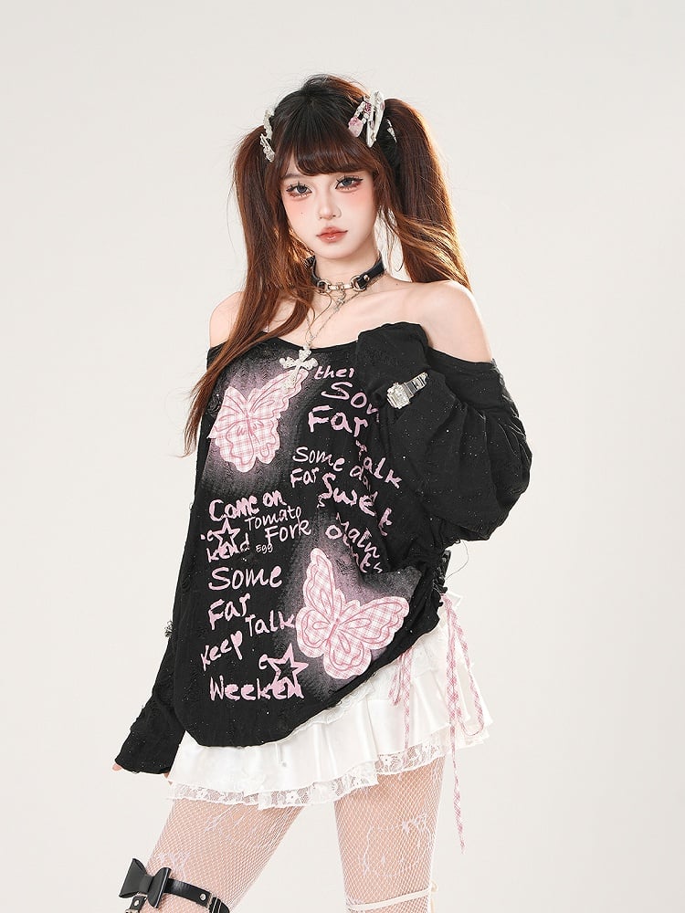 Off-the-shoulder Black/White Pink Plaid Butterfly Appliques