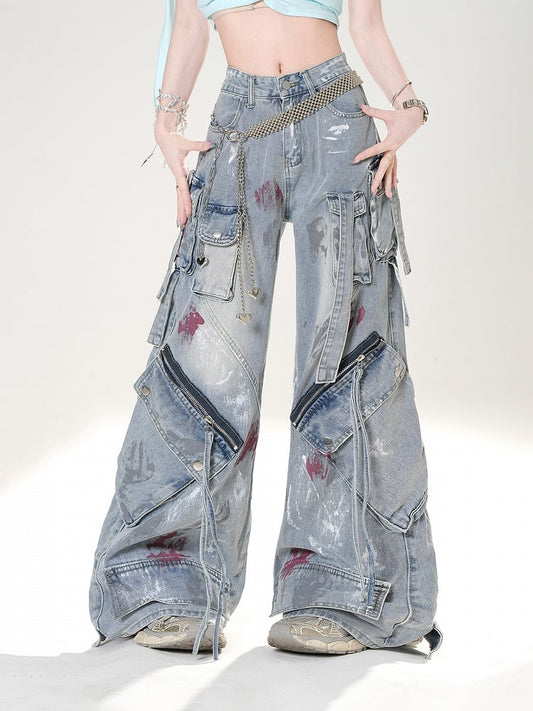 Niedrige Details Distressed Spray Paint Print Blau Weite Jeans Rise Zipper