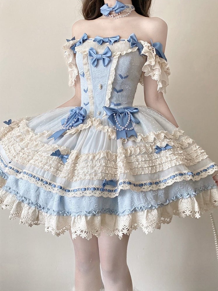 Dress Boned Lolita Blue Skirt Jumper Waist Accents Ballercore Bow