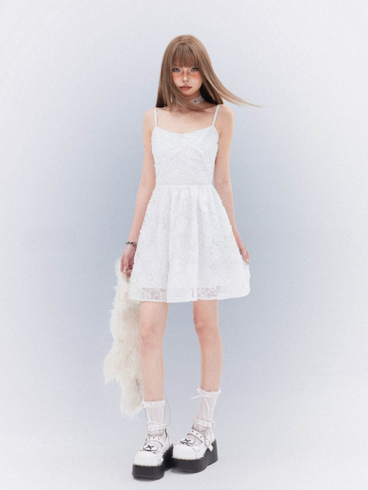 Cami Dress with Self-Tie Bow Elegant Lace White Thigh-length