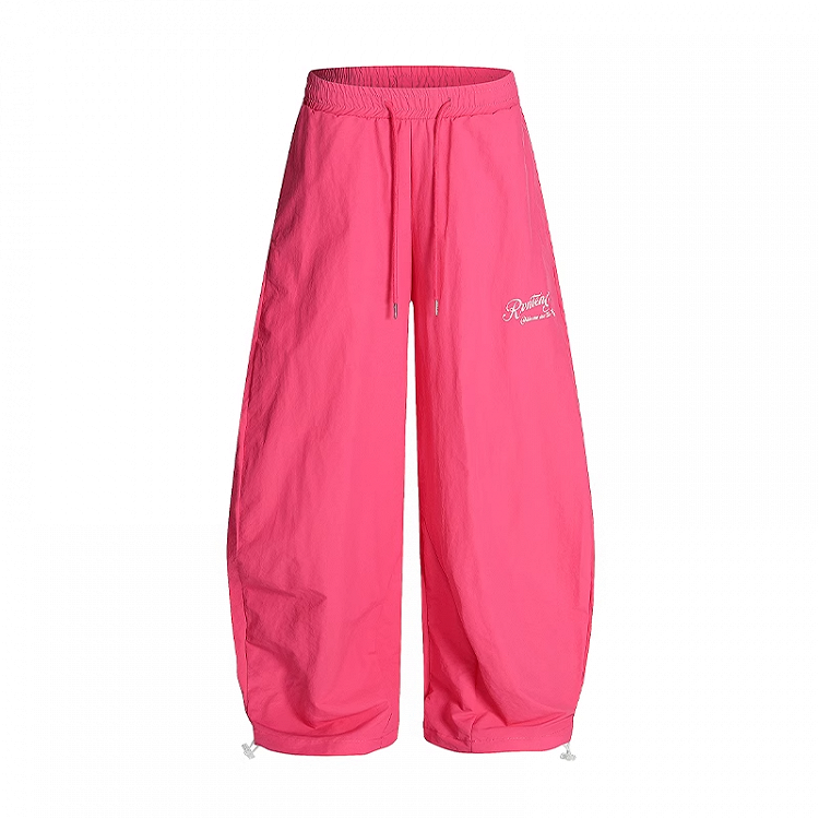Rose Red Drawstring Waist and Cuffs Wide-leg Casual Pants