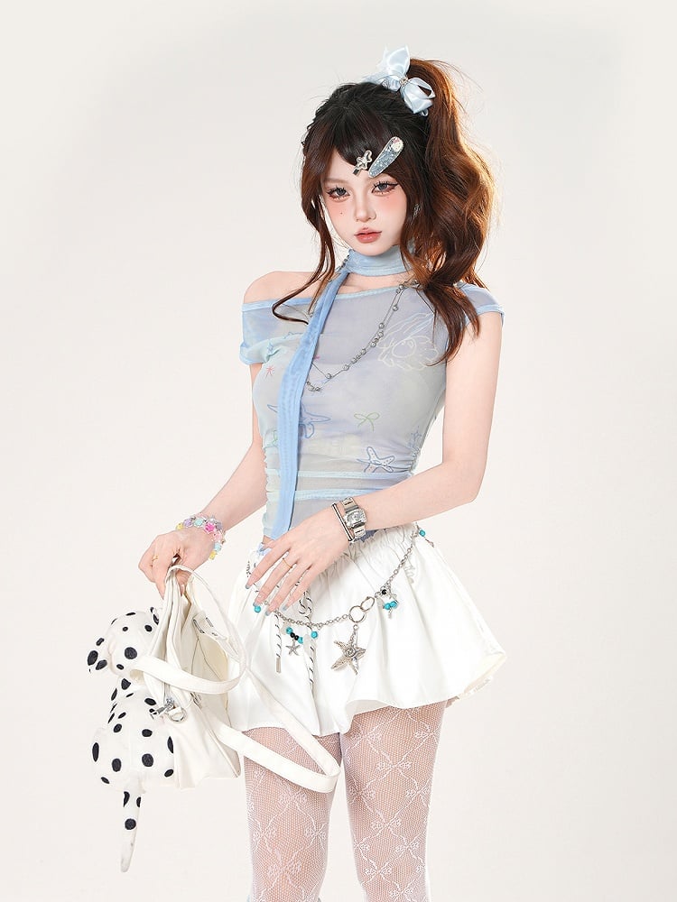Starfish and T-shirt Shell Semi-sheer with Asymmetrical Neckline Blue Print Free Scarf