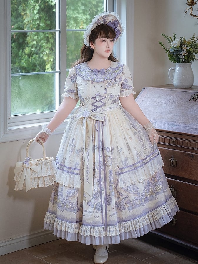 Available Dress Plus Sizes Print Short Lolita Sleeves and Floral Classic Purple Embroidery