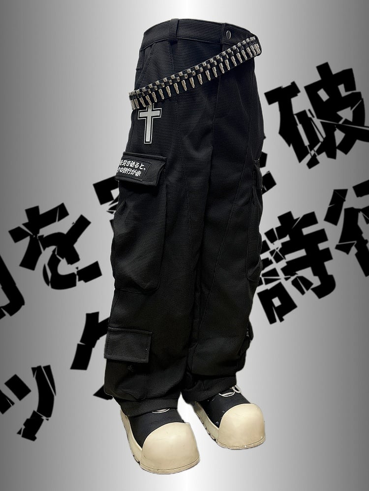Applikation Schwarz Punk Weites Bein Cargo Kreuz Verziert Rock Taschen Hose Brief Und